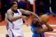 May 11, 2014; Los Angeles, CA, USA; Los Angeles Clippers center DeAndre Jordan (6) fouls Oklahoma City Thunder forward Kevin Durant (35) in the second quarter of game four of the second round of the 2014 NBA Playoffs at Staples Center. Mandatory Credit: