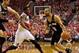 May 10, 2014; Portland, OR, USA; San Antonio Spurs guard Tony Parker (9) dribbles the ball around Portland Trail Blazers guard Wesley Matthews (2) during the first quarter in game three of the second round of the 2014 NBA Playoffs at the Moda Center. Mand