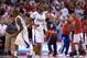 May 11, 2014; Los Angeles, CA, USA; Los Angeles Clippers guards Chris Paul (3) and Jamal Crawford (11) celebrate during game four of the second round of the 2014 NBA Playoffs against the Los Angeles Clippers at Staples Center. The Clippers defeated the Th