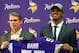 May 9, 2014; Eden Prairie, MN, USA; Minnesota Vikings general manager Rick Spielman (left) poses with linebacker Anthony Barr at Winter Park Fieldhouse. Mandatory Credit: Brad Rempel-USA TODAY Sports