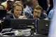 Mar 23, 2014; San Antonio, TX, USA; TV announcer Steve Kerr and Marv Albert look on in the first half of a men's college basketball game between the Iowa State Cyclones and the North Carolina Tar Heels during the third round of the 2014 NCAA Tournament at