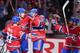 MONTREAL, QC - MAY 12: Lars Eller #81 of the Montreal Canadiens celebrates with teammates Brian Gionta #21, Rene Bourque #17 and Mike Weaver #43 after scoring the first goal against the Boston Bruins in Game Six of the Second Round of the 2014 Stanley Cup