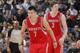 OAKLAND, CA - FEBRUARY 12: Jeremy Lin #7 and Omer Asik #3 of the Houston Rockets in a game against the Golden State Warriors on February 12, 2013 at Oracle Arena in Oakland, California. NOTE TO USER: User expressly acknowledges and agrees that, by downlo