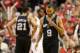 May 12, 2014; Portland, OR, USA; San Antonio Spurs guard Tony Parker (9) reacts after being fouled by the Portland Trail Blazers in the second half of game four of the second round of the 2014 NBA Playoffs at the Moda Center. Mandatory Credit: Jaime Valde
