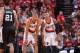 PORTLAND, OR - MAY 10: Damian Lillard #0 and Nicolas Batum #88 of the Portland Trail Blazers stand on the court in Game Three of the Western Conference Semifinals against the San Antonio Spurs during the 2014 NBA Playoffs on May 10, 2014 at the Moda Cent