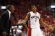 May 4, 2014; Toronto, Ontario, CAN; Toronto Raptors head coach Dwane Casey and Toronto Raptors guard Kyle Lowry (7) reacts after a call in game seven of the first round of the 2014 NBA Playoffs against the Brooklyn Nets at the Air Canada Centre. Brooklyn