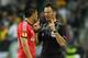 TURIN, ITALY - MAY 01: Referee Mark Clattenburg of Great Britain speaks with Enzo Perez of SL Benfica during the UEFA Europa League semi final match between Juventus and SL Benfica at Juventus Arena on May 1, 2014 in Turin, Italy. (Photo by Valerio Penn