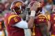 LAS VEGAS, NV - DECEMBER 21: Quarterback Cody Kessler #6 of the USC Trojans congratulates teammate Javorius Allen #37 after he scored a touchdown against the Fresno State Bulldogs during the Royal Purple Las Vegas Bowl at Sam Boyd Stadium on December 21,