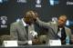 BROOKLYN, NY - July 18: Paul Pierce #34 and Kevin Garnett #2 of the Brooklyn Nets interact during a press conference at the Barclays Center on July 18, 2013 in the Brooklyn borough of New York City. NOTE TO USER: User expressly acknowledges and agrees th