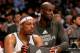 NEW YORK, NY - APRIL 25: Paul Pierce #34 and Kevin Garnett #2 of the Brooklyn Nets look on from the bench in the first half against the Toronto Raptors in Game Three of the Eastern Conference Quarterfinals during the 2014 NBA Playoffs at the Barclays Cen