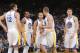 OAKLAND, CA - JANUARY 20: Andrew Bogut #12, Andre Iguodala #9, Stephen Curry #30, David Lee #10 and Klay Thompson #11 of the Golden State Warriors in a game against the Indiana Pacers on January 20, 2014 at Oracle Arena in Oakland, California. NOTE TO USE