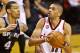 May 12, 2014; Portland, OR, USA; Portland Trail Blazers forward Nicolas Batum (88) drives past San Antonio Spurs guard Danny Green (4) during the first quarter in game four of the second round of the 2014 NBA Playoffs at the Moda Center. Mandatory Credit: