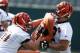 CINCINNATI, OH - MAY 12: Offensive linemen Tanner Hawkinson #72 and T.J. Johnson #60 of the Cincinnati Bengals work out during a rookie camp at Paul Brown Stadium on May 12, 2013 in Cincinnati, Ohio. (Photo by Joe Robbins/Getty Images)
