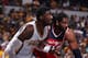 Indianapolis, Indiana - MAY 13: Roy Hibbert #55 of the Indiana Pacers and Nene #42 of the Washington Wizards during Game Five of the Eastern Conference Semifinals in the 2014 NBA Playoffs on May 13, 2014 at Bankers Life Fieldhouse in Indianapolis, India