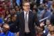 May 11, 2014; Los Angeles, CA, USA; Oklahoma City Thunder coach Scott Brooks reacts during game four of the second round of the 2014 NBA Playoffs against the Los Angeles Clippers at Staples Center. Mandatory Credit: Kirby Lee-USA TODAY Sports