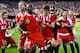 VALENCIA, SPAIN - MAY 01: Stephane Mbia (3rdL) of Sevilla FC celebrates after scoring his team's first goal during the UEFA Europa League Semi Final second leg match between Valencia CF and Sevilla FC at Estadi de Mestalla on May 1, 2014 in Valencia, Spa