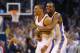 OKLAHOMA CITY, OK - MAY 13: (L-R) Russell Westbrook #0 and Kevin Durant celebrate a 105-104 win against the Los Angeles Clippers in Game Five of the Western Conference Semifinals during the 2014 NBA Playoffs at Chesapeake Energy Arena on May 13, 2014 in