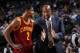 DALLAS, TX - FEBRUARY 3: Kyrie Irving #2 of the Cleveland Cavaliers talkign to Head Coach Mike Brown during a game against the Dallas Mavericks on February 3, 2014 at the American Airlines Center in Dallas, Texas. NOTE TO USER: User expressly acknowledges