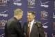 Mar 18, 2014; Auburn, AL, USA; Auburn Tigers head basketball coach Bruce Pearl is welcomed by athletics director Jay Jacobs during his introductory press conference in the Auburn Arena on Tuesday. Mandatory Credit: John Reed-USA TODAY Sports