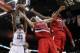May 14, 2014; San Antonio, TX, USA; San Antonio Spurs forward Tim Duncan (21) and Portland Trail Blazers center Robin Lopez (42) battle for a rebound in game five of the second round of the 2014 NBA Playoffs at AT&T Center. Mandatory Credit: Soobum Im-USA