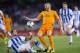 SAN SEBASTIAN, SPAIN - APRIL 05: Karim Benzema (R) of Real Madrid CF duels for the ball with Markel Bergara of Real Sociedad during the La Liga match between Real Sociedad and Real Madrid CF at Estadio Anoeta on April 5, 2014 in San Sebastian, Spain. (