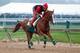 May 14, 2014; Baltimore, MD, USA; Exercise rider Willie Delgado aboard California Chrome during morning workouts in preparation for the Preakness Stakes at Pimlico Race Course. Mandatory Credit: Mitch Stringer-USA TODAY Sports