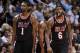 Jan 29, 2014; Miami, FL, USA; Miami Heat center Chris Bosh (left) shooting guard Dwyane Wade (center) and small forward LeBron James (right) react after a timeout after the Oklahoma City Thunder during the second half at American Airlines Arena. Mandatory