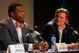May 13, 2014; St. Louis, MO, USA; St. Louis Rams general manager Les Snead looks on as first-round pick offensive lineman Greg Robinson talks with the media during a press conference at Rams Park. Mandatory Credit: Jeff Curry-USA TODAY Sports