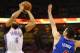 OKLAHOMA CITY, OK - MAY 13: Derek Fisher #6 of the Oklahoma City Thunder takes a shot againt J.J. Redick #4 of the Los Angeles Clippers in Game Five of the Western Conference Semifinals during the 2014 NBA Playoffs at Chesapeake Energy Arena on May 13, 2