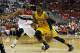 May 15, 2014; Washington, DC, USA; Indiana Pacers forward Paul George (24) dribbles the ball as Washington Wizards forward Trevor Ariza (1) defends in the second quarter in game six of the second round of the 2014 NBA Playoffs at Verizon Center. Mandatory