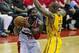 May 15, 2014; Washington, DC, USA; Washington Wizards power forward Nene (42) prepares to shoot as Indiana Pacers power forward David West (21) defends during the first half in game six of the second round of the 2014 NBA Playoffs at Verizon Center. Manda