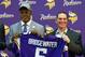 May 9, 2014; Eden Prairie, MN, USA; Minnesota Vikings quarterback Teddy Bridgewater (left) and head coach Mike Zimmer pose for pictures at Winter Park Fieldhouse. Mandatory Credit: Brad Rempel-USA TODAY Sports