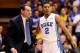 DURHAM, NC - JANUARY 18: Coach Mike Krzyzewski confers with Quinn Cook #2 of the Duke Blue Devils during their game against the North Carolina State Wolfpack at Cameron Indoor Stadium on January 18, 2014 in Durham, North Carolina. (Photo by Grant Halver