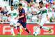 ELCHE, SPAIN - MAY 11: Lionel Messi of FC Barcelona competes for the ball with Javi Marquez (R) of Elche FC during the La Liga match between Elche FC and FC Barcelona at Estadio Manuel Martinez Valero on May 11, 2014 in Elche, Spain. (Photo by David Ram