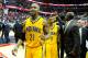May 11, 2014; Washington, DC, USA; Indiana Pacers power forward David West (21) and Indiana Pacers point guard George Hill (3) react after the game against the Washington Wizards in game four of the second round of the 2014 NBA Playoffs at Verizon Center.