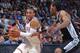 OKLAHOMA CITY, OK - APRIL 03: Russell Westbrook #0 of the Oklahoma City Thunder drives against Kawhi Leonard #2 of the San Antonio Spurs on April 03, 2014 at the Chesapeake Energy Arena in Oklahoma City, Oklahoma. NOTE TO USER: User expressly acknowledges