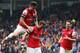 HULL, ENGLAND - APRIL 20: Lukas Podolski (C) of Arsenal celebrates with team mates Olivier Giroud (L) and Aaron Ramsey (R) after scoring his sides second goal during the Barclays Premier League match between Hull City and Arsenal at KC Stadium on April 2