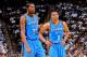 SAN ANTONIO, TX - NOVEMBER 1: Kevin Durant #35 and Russell Westbrook #0 of the Oklahoma City Thunder wait to resume action against the San Antonio Spurs on November 1, 2012 at the AT&T Center in San Antonio, Texas. NOTE TO USER: User expressly acknowledge