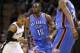 Jan 22, 2014; San Antonio, TX, USA; Oklahoma City Thunder guard Reggie Jackson (15) reacts after a shot during the second half against the San Antonio Spurs at AT&T Center. The Thunder won 111-105. Mandatory Credit: Soobum Im-USA TODAY Sports
