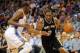Apr 3, 2014; Oklahoma City, OK, USA; San Antonio Spurs forward Kawhi Leonard (2) drives to the basket against Oklahoma City Thunder forward Kevin Durant (35) during the third quarterat Chesapeake Energy Arena. Mandatory Credit: Mark D. Smith-USA TODAY Spo