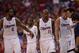 LOS ANGELES, CA - MAY 3: (L-R) DeAndre Jordan #6, Chris Paul #3, Jamal Crawford #11, Blake Griffin #32, and J.J. Redick #4 of the Los Angeles Clippers head to the bench against the Golden State Warriors in Game Seven of the Western Conference Quarterfinal