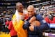 LOS ANGELES, CA - MARCH 29: Derek Fisher #37 of the Oklahoma City Thunder is greeted by Kobe Bryant #24 of the Los Angeles Lakers at Staples Center on March 29, 2012 in Los Angeles, California. NOTE TO USER: User expressly acknowledges and agrees that, b