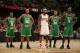 CLEVELAND - NOVEMBER 27: LeBron James #23 of the Cleveland Cavaliers stands alongside Rajon Rondo #9, Ray Allen #20, Paul Pierce #34 and Kevin Garnett #5 of the Boston Celtics during a free throw on November 27, 2007 at The Quicken Loans Arena in Clevelan