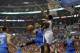 May 15, 2014; Los Angeles, CA, USA; Oklahoma City Thunder guard Russell Westbrook (0) shoots against Los Angeles Clippers center DeAndre Jordan (6) during the first quarter in game six of the second round of the 2014 NBA Playoffs at Staples Center. Mandat