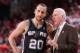 PORTLAND, OR - MAY 10: Manu Ginobili #20 and Gregg Popovich of the San Antonio Spurs talk in Game Three of the Western Conference Semifinals against the Portland Trail Blazers during the 2014 NBA Playoffs on May 10, 2014 at the Moda Center in Portland,