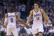 OKLAHOMA CITY, OK - May 13: Steven Adams #12 and Russell Westbrook #0 of the Oklahoma City Thunder celebrate in Game 5 of the Western Conference Semifinals against the Los Angeles Clippers during the 2014 NBA Playoffs at the Chesapeake Arena on May 13, 20