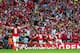 LONDON, ENGLAND - MAY 17: Aaron Ramsey of Arsenal (16) celebrates with fans and team mates as he scores their third goal during the FA Cup with Budweiser Final match between Arsenal and Hull City at Wembley Stadium on May 17, 2014 in London, England. (P