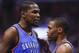 May 9, 2014; Los Angeles, CA, USA; Oklahoma City Thunder forward Kevin Durant (35) and guard Russell Westbrook (0) during the Thunders win over the Los Angeles Clippers in game three of the second round of the 2014 NBA Playoffs at Staples Center. Mandator