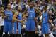Mar 25, 2014; Dallas, TX, USA; Oklahoma City Thunder forward Caron Butler (2) guard Derek Fisher (6) forward Kevin Durant (35) and guard Reggie Jackson (15) look on in the second half against the Dallas Mavericks at American Airlines Center. The Mavs bea