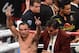 LAS VEGAS, NV - OCTOBER 12: Juan Manuel Marquez raises his arms as he leaves the ring after his fight against WBO welterweight champion Timothy Bradley Jr. at the Thomas & Mack Center on October 12, 2013 in Las Vegas, Nevada. Bradley won in a split decis